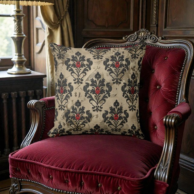 Old Victorian Black Red & Beige Damask Cushion (Creator Uploaded)