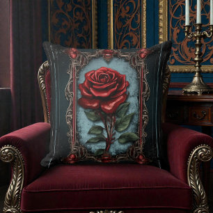 Old Victorian Black with Red Rose Cushion