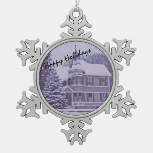 Old Victorian House at Christmas Snowflake Pewter Christmas Ornament