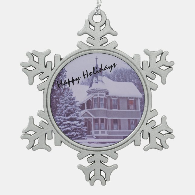 Old Victorian House at Christmas Snowflake Pewter Christmas Ornament (Front)