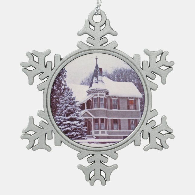 Old Victorian House Snowflake Pewter Christmas Ornament (Front)