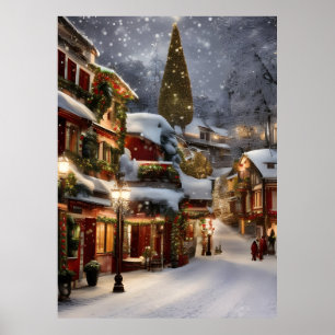 Old village in winter snow Christmas Poster