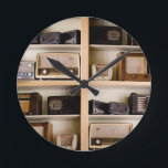 Old Vintage 1950's Radios on Shelves Round Clock<br><div class="desc">Check out photography of 1950's vintage radios organised on shelves on novelty gifts,  phone cases and trinkets.</div>