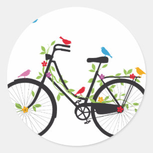 Old vintage bicycle with flowers and birds classic round sticker