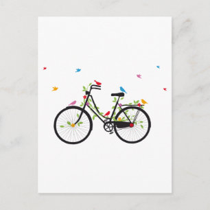 Old vintage bicycle with flowers and birds postcard