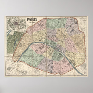 Old Vintage City Map of Paris, France Europe Poster