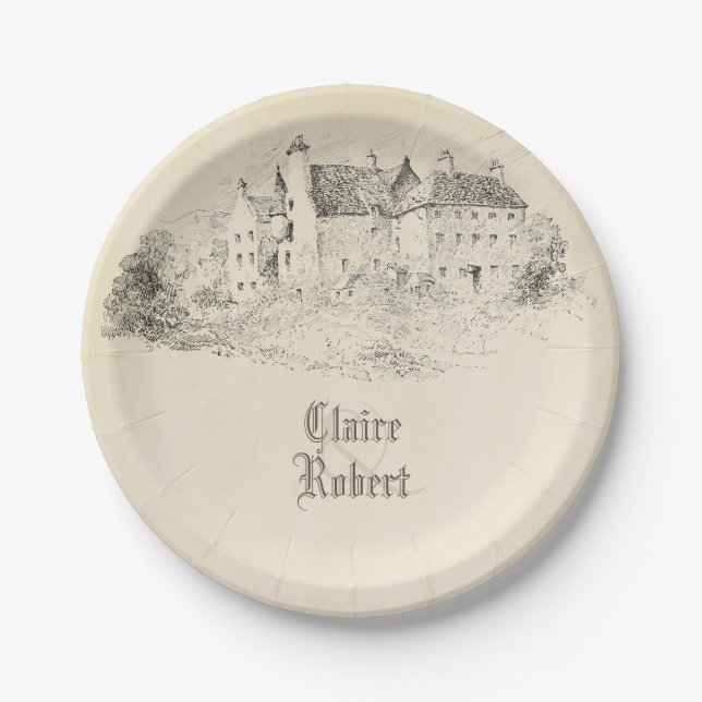 Old Vintage Fairytale Castle Wedding Paper Plate (Front)