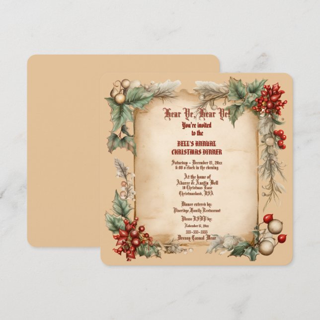 Old Vintage Holly  Christmas Dinner Invitation (Front/Back)