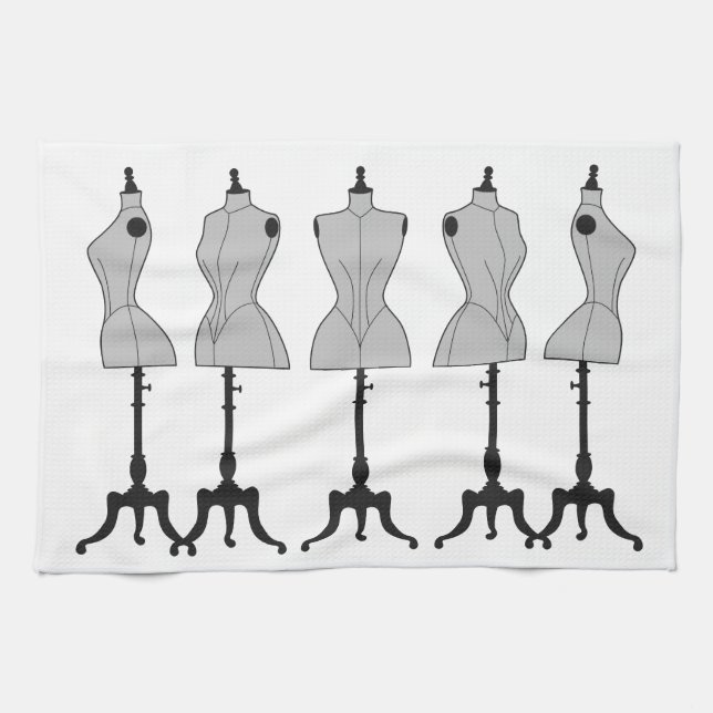 Old vintage mannequins, fashion illustration tea towel (Horizontal)