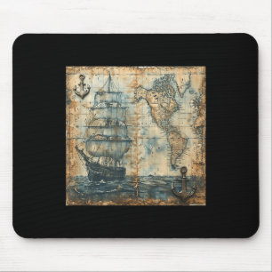 Old Vintage Nautical Map Pirate Ship Sailboat Sea Mouse Mat