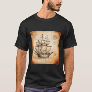 Old Vintage Nautical Map Pirate Ship Sailboat Sea  T-Shirt