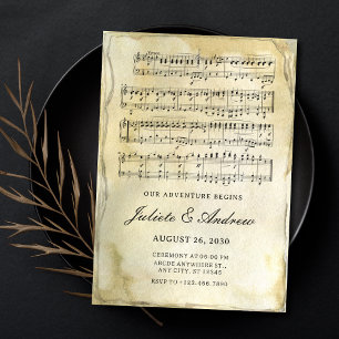 Old vintage paper musical notes wedding invitation