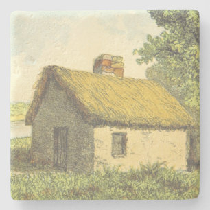 Old, Vintage, Rustic Cottage With a Thatched Roof Stone Coaster