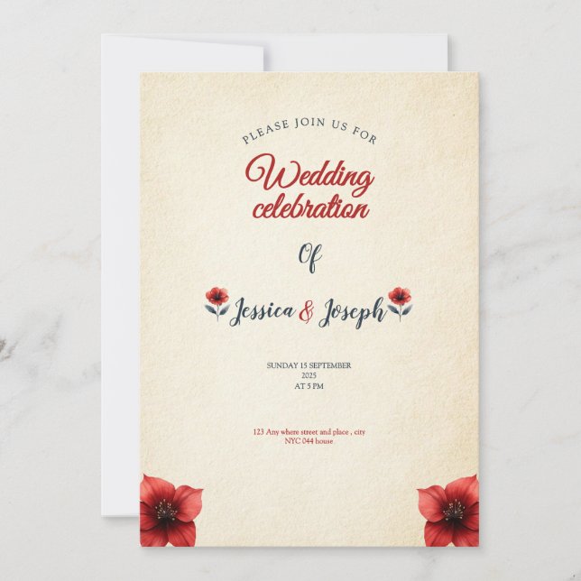 old vintage wedding card invitation Red roses (Front)