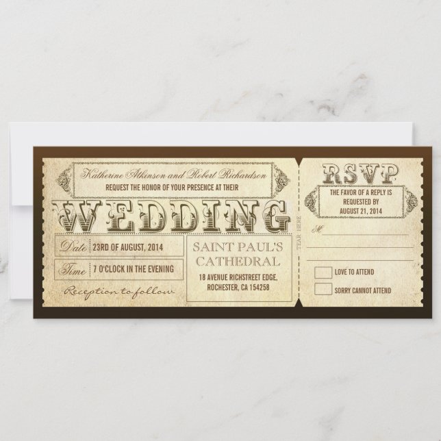 Old Vintage Wedding Tickets with RSVP Invitation (Front)
