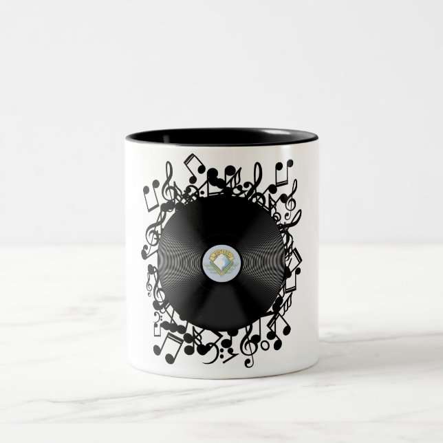 Old Vinyl Record and musical notes Two-Tone Coffee Mug (Center)