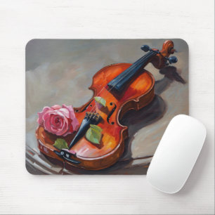 Old Violin with Pink Rose Impressionism Mouse Mat