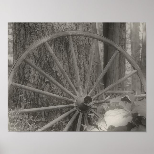 Old Wagon Wheel Aged Black And White  Poster (Front)