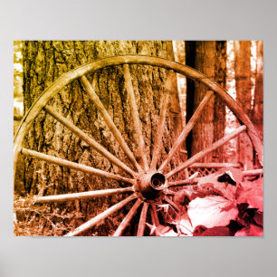 Old Wagon Wheel Black And White Distressed Vintage Poster