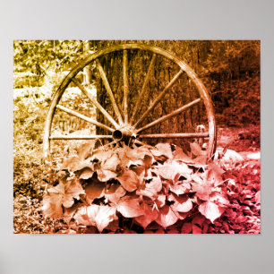 Old Wagon Wheel Garden Black And White Vintage Poster