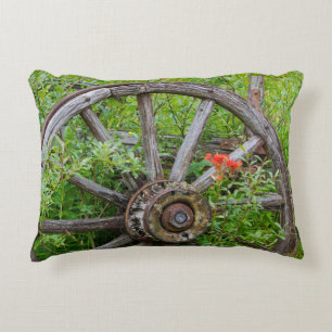 Old wagon wheel in historic old gold town 3 decorative cushion