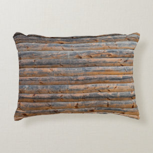 Old wall of wooden planks with cracks. Beam made o Decorative Cushion