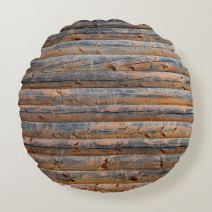 Old wall of wooden planks with cracks. Beam made o Round Cushion