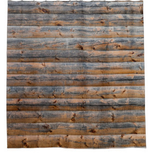 Old wall of wooden planks with cracks. Beam made o Shower Curtain