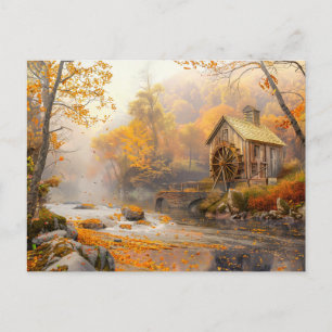 Old Water Mill by Stream in Autumn Postcard