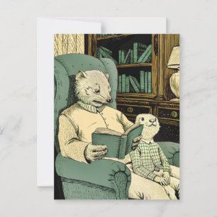 Old weasel reading a book to a young weasel postcard