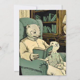 Old weasel reading a book to a young weasel thank you card
