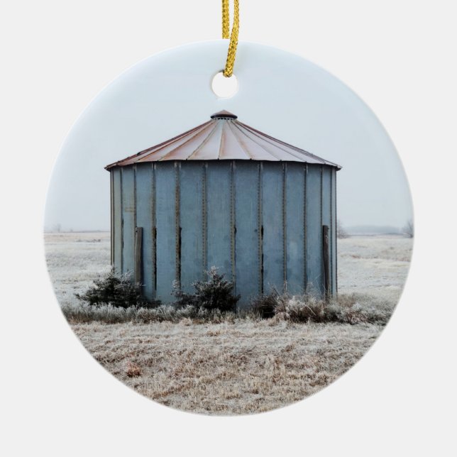 Old Weathered Grain Bin During Winter Time Ceramic Tree Decoration (Front)