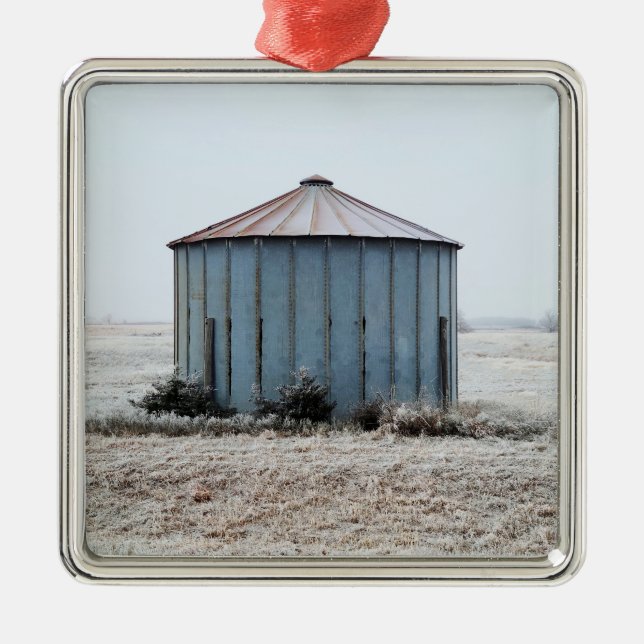 Old Weathered Grain Bin During Winter Time Metal Tree Decoration (Front)