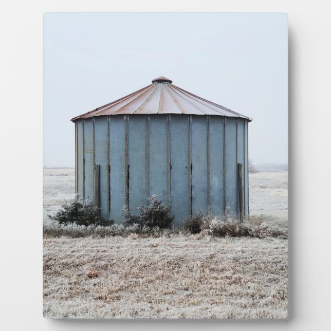 Old Weathered Grain Bin During Winter Time Plaque (Front)