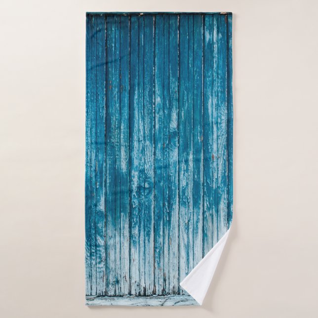 Old weathered grunge wooden faded pale blue paint  bath towel (Bath Towel)
