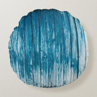 Old weathered grunge wooden faded pale blue paint  round cushion