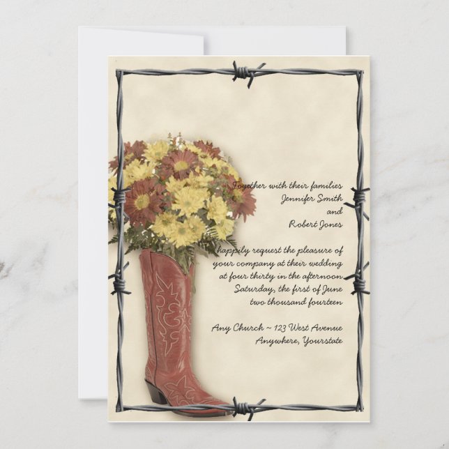 Old West Boot Bouquet Faded 3 Wedding Invitation (Front)