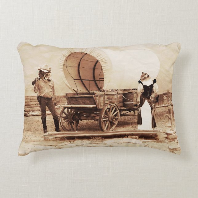 Old West Cats with Covered Wagon Decorative Cushion (Front)
