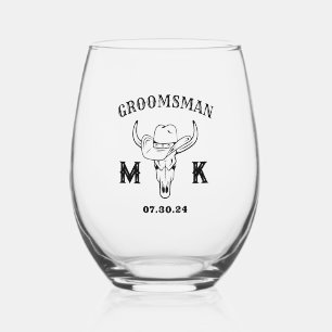Old West Cowboy Personalised Groomsmen Monogram Stemless Wine Glass