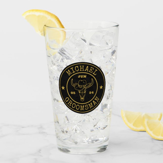 Old West Cowboy Rustic Logo Personalised Groomsmen Glass (Front Ice)