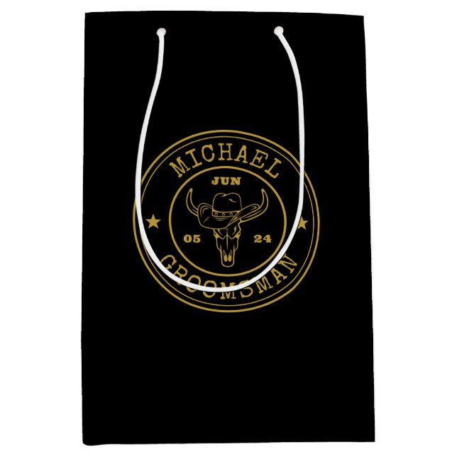 Old West Cowboy Rustic Logo Personalised Groomsmen Medium Gift Bag (Front)