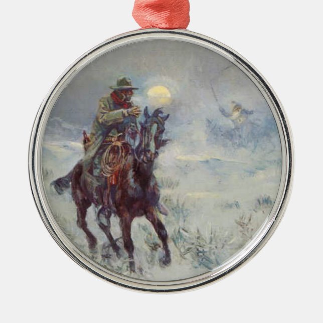 Old West Cowboy see's Santa Christmas Ornament (Front)