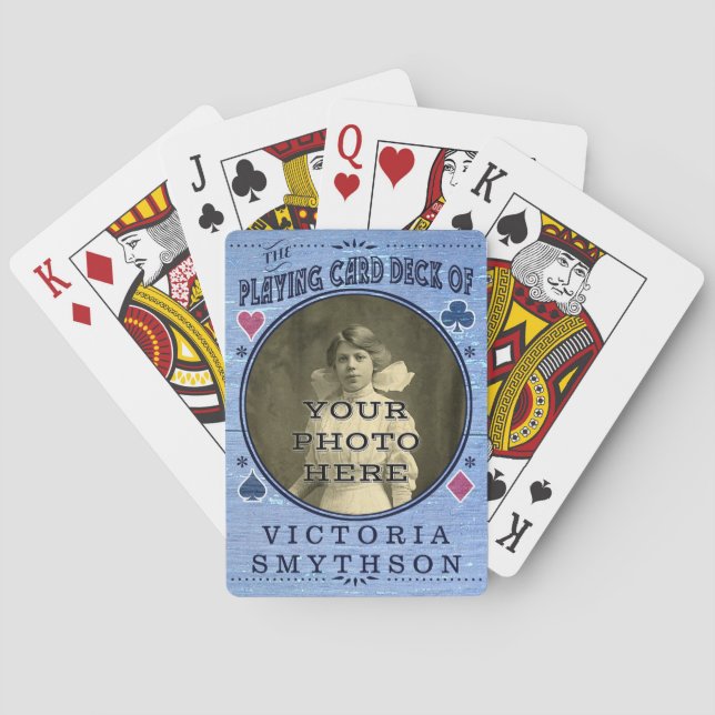 Old West Custom Photo Personalised Blue Wood Playing Cards (Back)