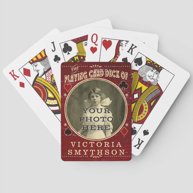 Old West Custom Photo Personalised Red Wood Playing Cards (Back)