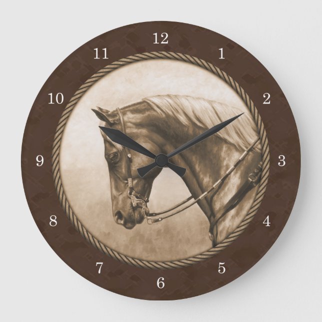 Old West Quarter Horse Sepia Brown Large Clock (Front)