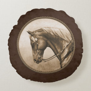 Old West Quarter Horse Sepia Brown Round Cushion