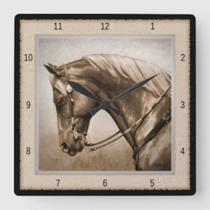 Old West Quarter Horse Sepia Brown Square Wall Clock