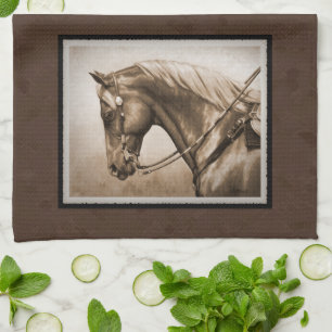 Old West Quarter Horse Sepia Brown Tea Towel