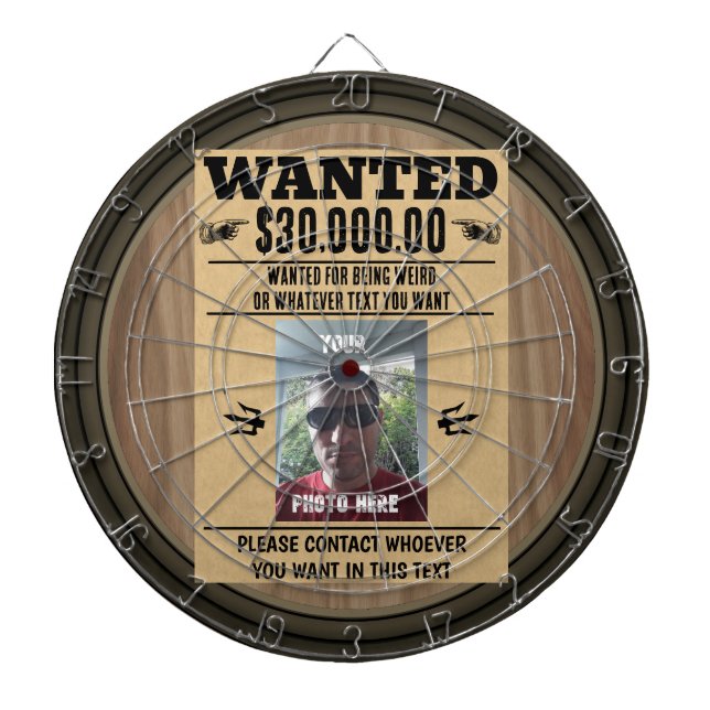 Old West Wanted Poster Personalised PHOTO and TEXT Dartboard (Front)