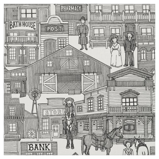 old western town black white fabric (Swatch)